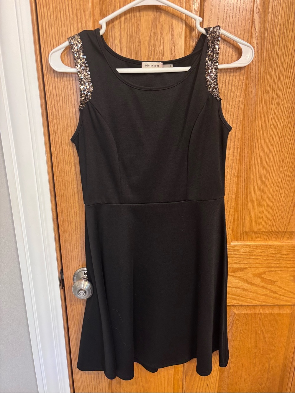 Blu Pepper Black Mini Dress with Sequin Shoulder Detail